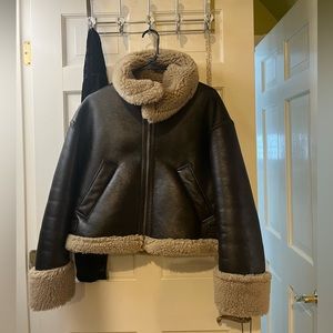 XS brown, oversized, plush bomber jacket. Only worn twice